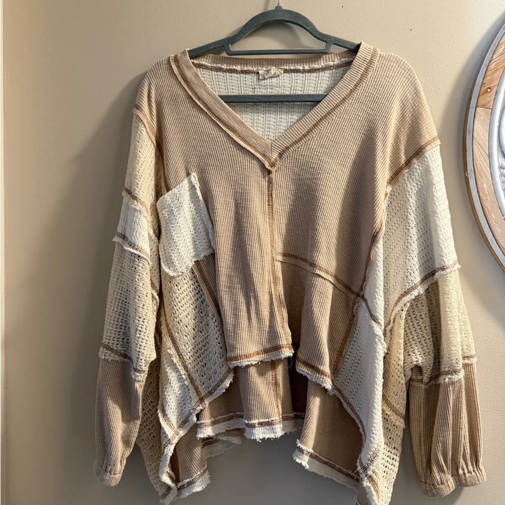 Relaxed Patchwork V-Neck Women’s Top in Beige and Cream